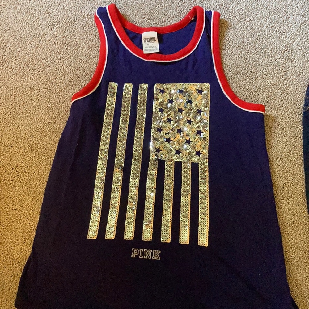 VS Pink brand Navy blue Shiny American flag top.